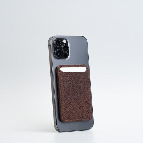 Full-Grain Leather Wallet compatible with MagSafe - Classic attached to an iPhone for card storage.