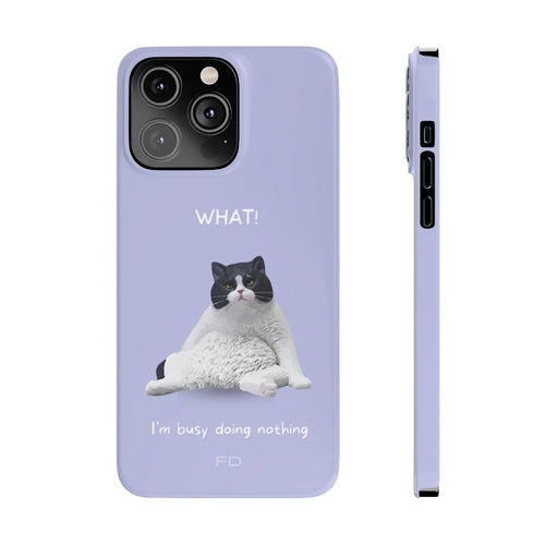 Funny Cat Theme Purple Slim Case for iPhone 14 series featuring a lazy cat illustration.