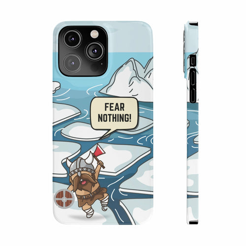 Viking Fear Nothing Super Slim Case for iPhone 14 series featuring a fun Viking design on icy background.
