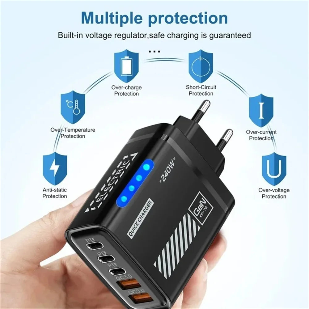 240W GaN 5-in-1 Desktop Charger USB C PD QC 3.0 Fast Charging Charger For MacBook iPhone 17 16 15 Pro Samsung Xiaomi EU US Plug