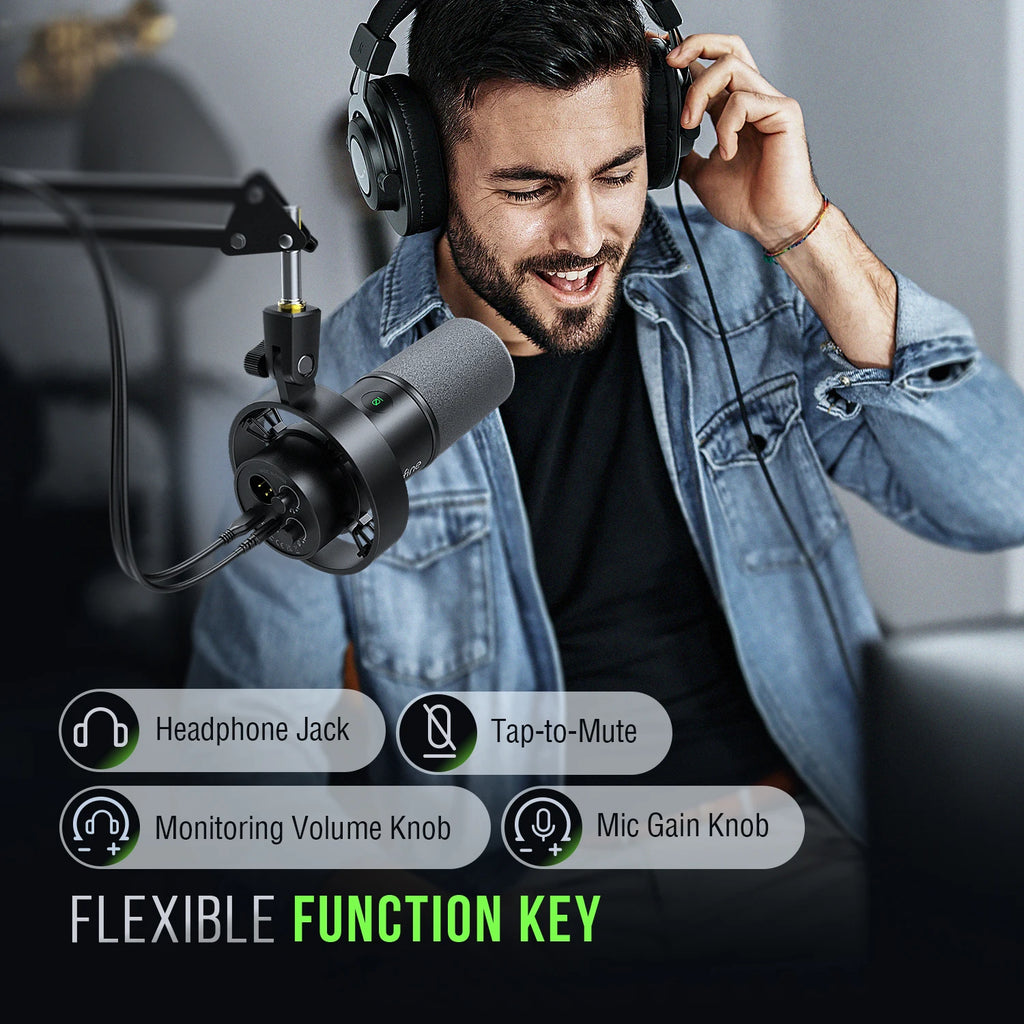 FIFINE Microphone dynamique USB/XLR avec support antichoc, fonction mute tactile, prise casque et contrôle du volume, pour PC ou carte son -K688