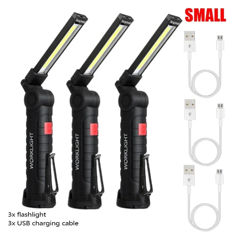 Bærbar COB-LED-lommelygte med USB-genopladning, arbejdslampe med magnet, hængelampe med indbygget batteri, campinglygte