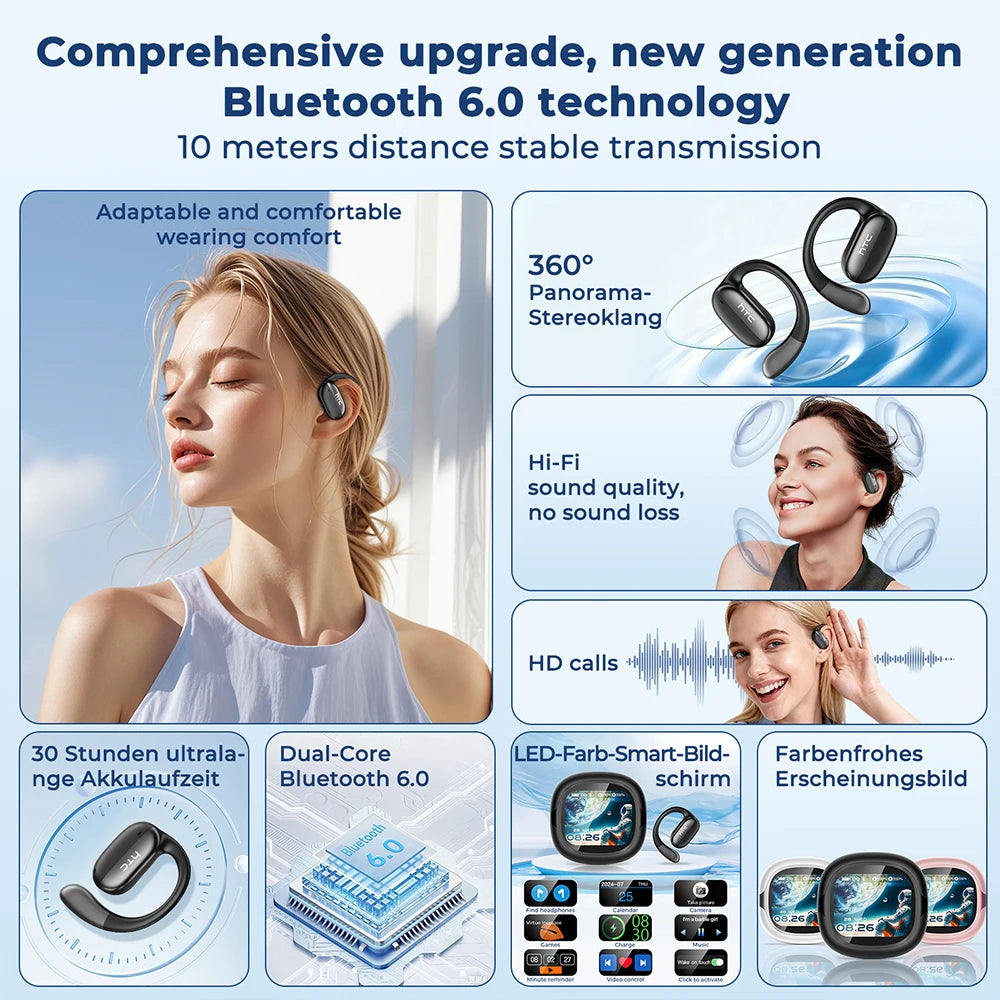 Auriculares Bluetooth HTC con sonido envolvente estéreo Hi-Fi, ajuste cómodo y ligero, diseño abierto, para deporte y running, auriculares inalámbricos NE58