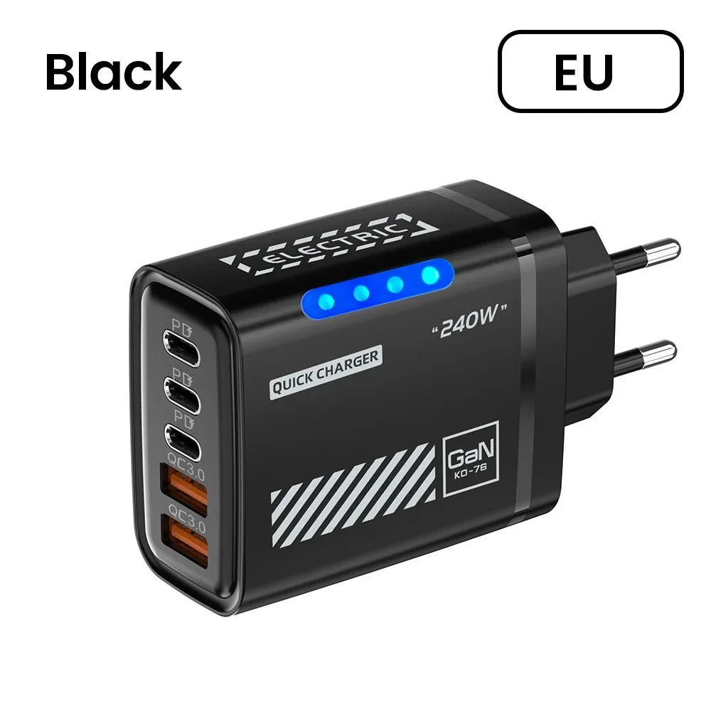 240W GaN 5-in-1 Desktop Charger USB C PD QC 3.0 Fast Charging Charger For MacBook iPhone 17 16 15 Pro Samsung Xiaomi EU US Plug