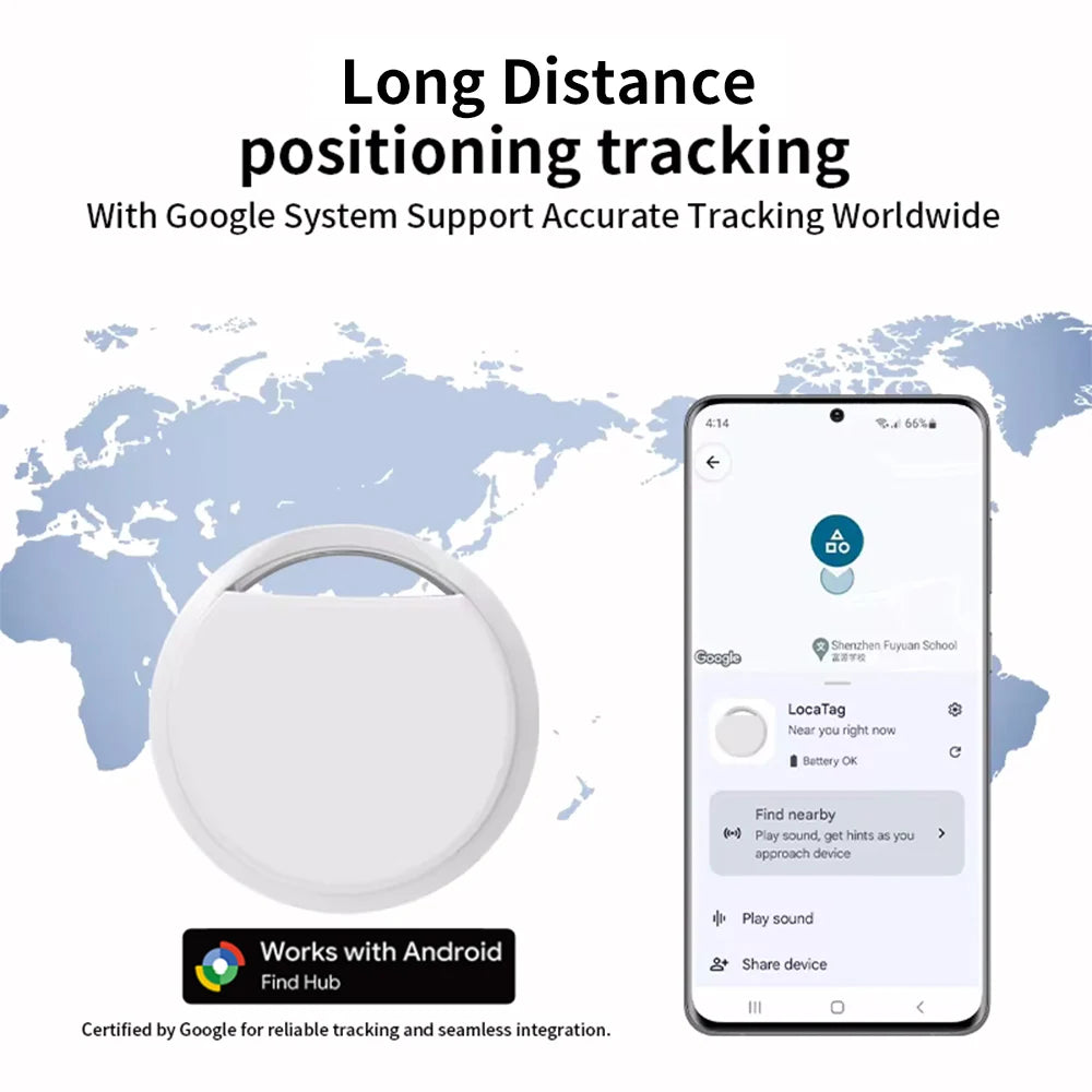 Navigations- og tracker til Android-telefoner, fungerer med Google Find Hub-appen, fjernlokalisering og nøglefinder til Xiaomi, Samsung og Pixel med GMS