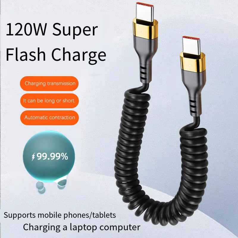 Udtrækkeligt 120 W PD-hurtigopladningskabel med USB-C til USB-C-spiralkabel, kompatibelt med iPhone 16/17, Xiaomi- og Samsung-enheder med hurtig opladning