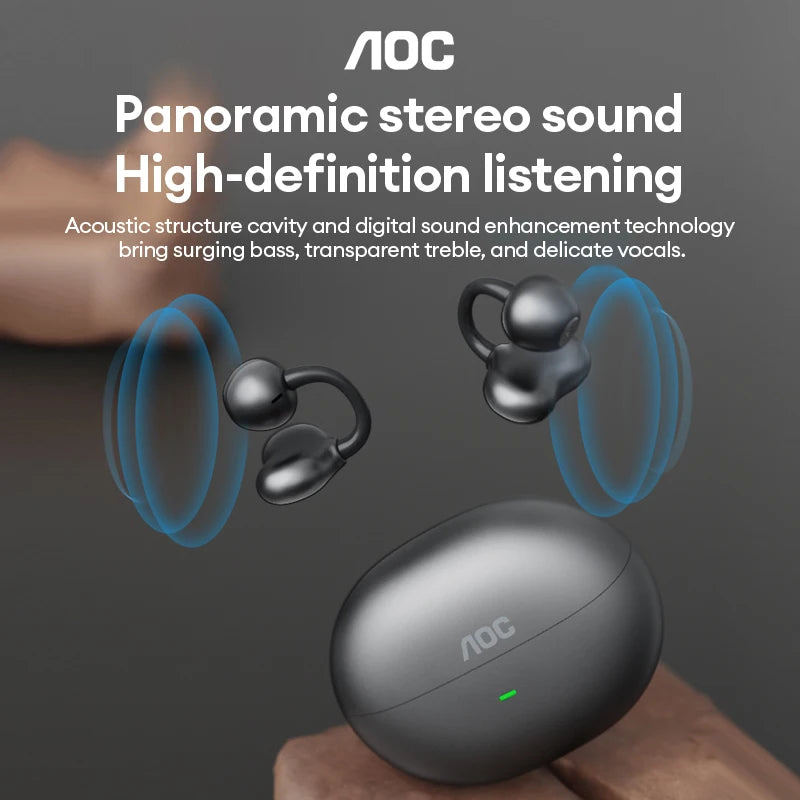 Auriculares de botón inalámbricos Bluetooth AOC ACD2544 con clip para la oreja, diseño abierto, sonido estéreo envolvente, baja latencia, auriculares para juegos y música