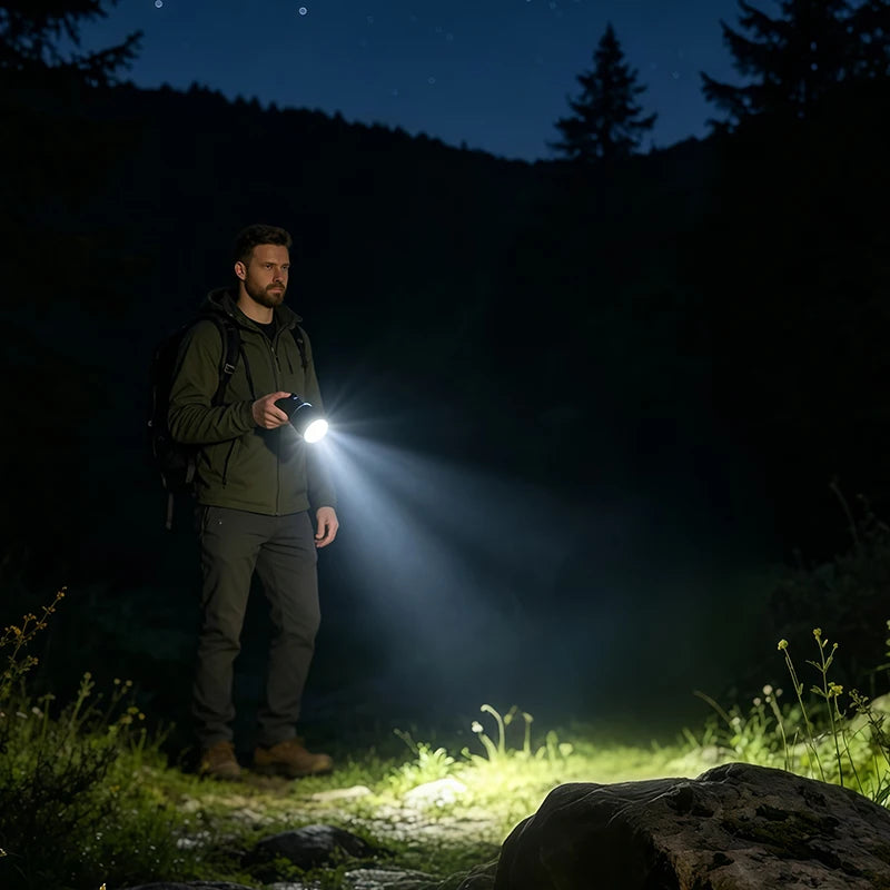 Sort LED-lommelygte (teleskopisk aluminiumlegering) med lang batteritid, uundværlig til camping og udforskning