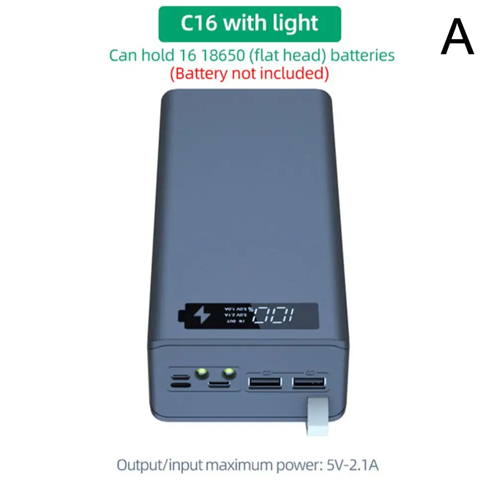 Portable Power Bank Case 16*18650 C16 USB Welding Free Power Bank Case Detachable QC 3.0 PD DIY Shell Housing For Powerbank