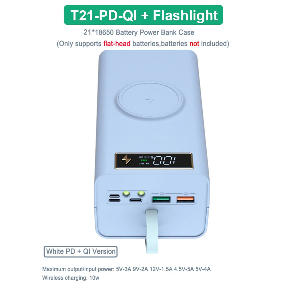 T21-batteriopbevaringsboks til 21*18650 med lommelygte, powerbank-etui, batteriholderboks med dobbelt USB, DIY-skal til 18650-batterier