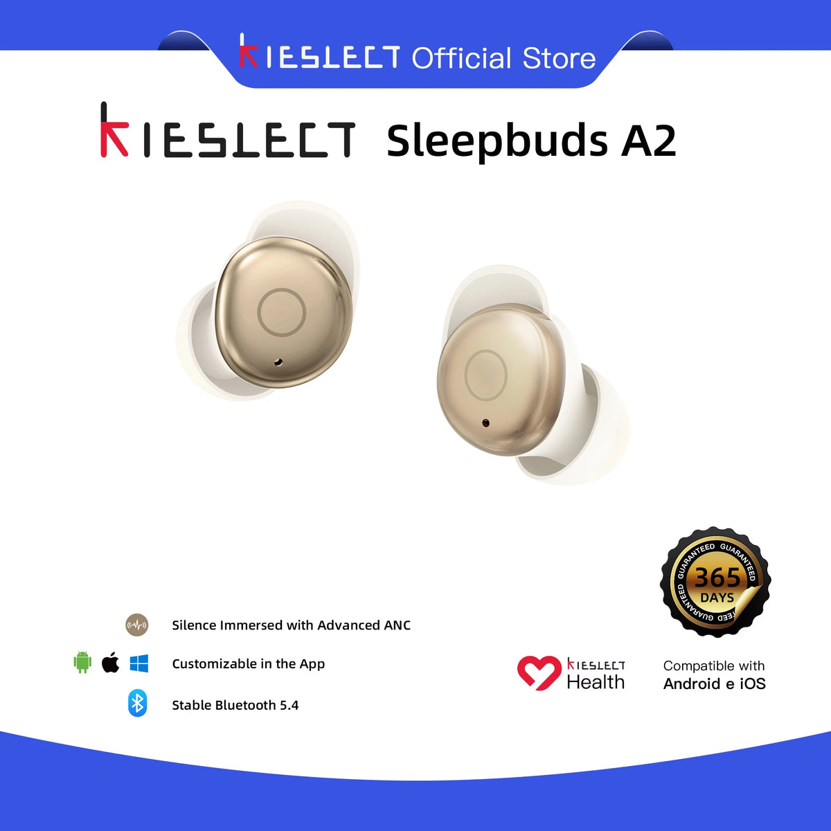 KIESLECT Sleepbuds A2 Bluetooth 5.4, IPX4-vandtætte, kun 2.8g pr. enhed, kan tilpasses i appen, fordybende stilhed med avanceret ANC