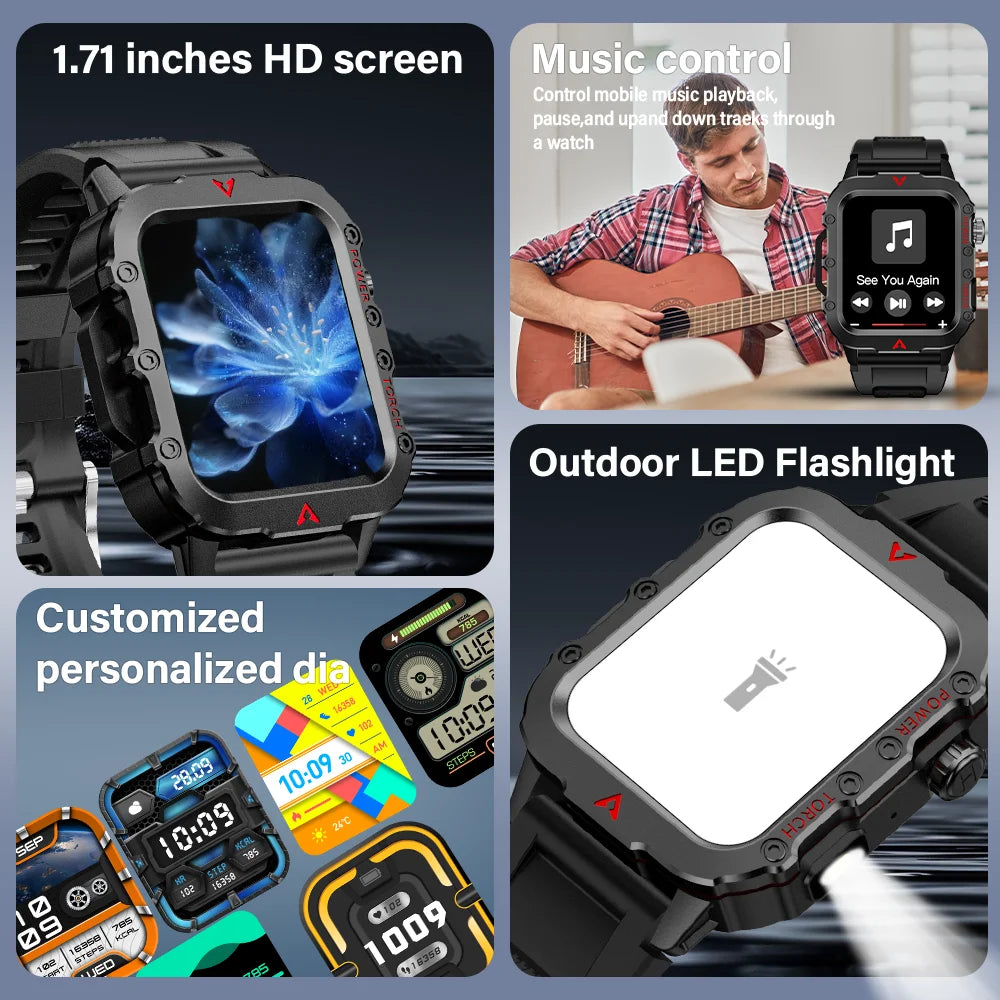 LAXASFIT neue Smartwatch für Herren mit LED-Taschenlampe, für Outdoor-Sport, Armbanduhr, Gesundheitsüberwachung