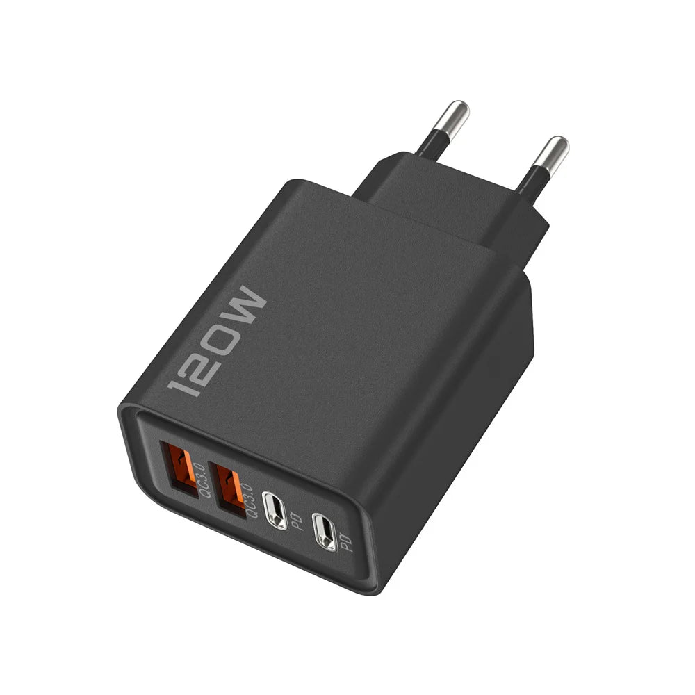 120 W USB C-oplader med 4 porte, Type C-hurtigoplader, telefonoplader, strømadapter til iPhone, Samsung og Xiaomi, EU/US/UK-stik, vægoplader