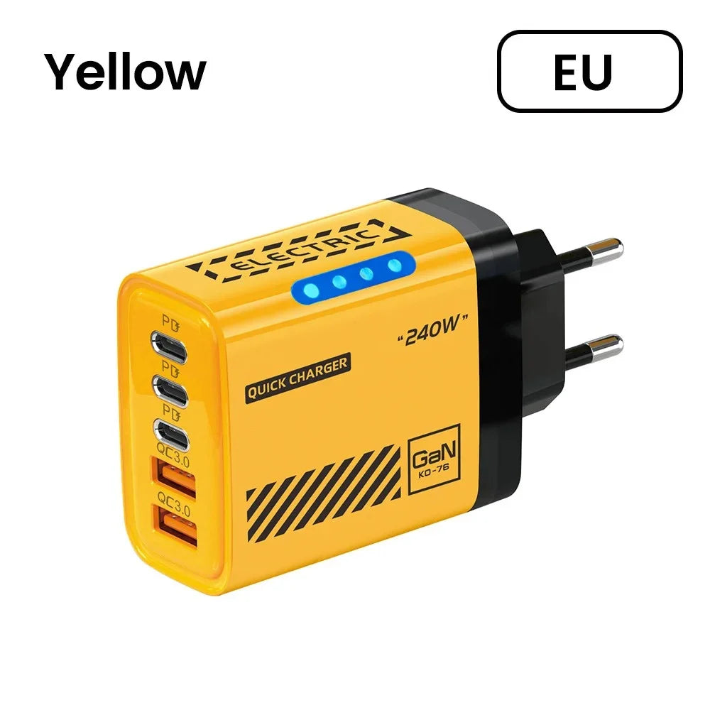 240W GaN 5-in-1 Desktop Charger USB C PD QC 3.0 Fast Charging Charger For MacBook iPhone 17 16 15 Pro Samsung Xiaomi EU US Plug