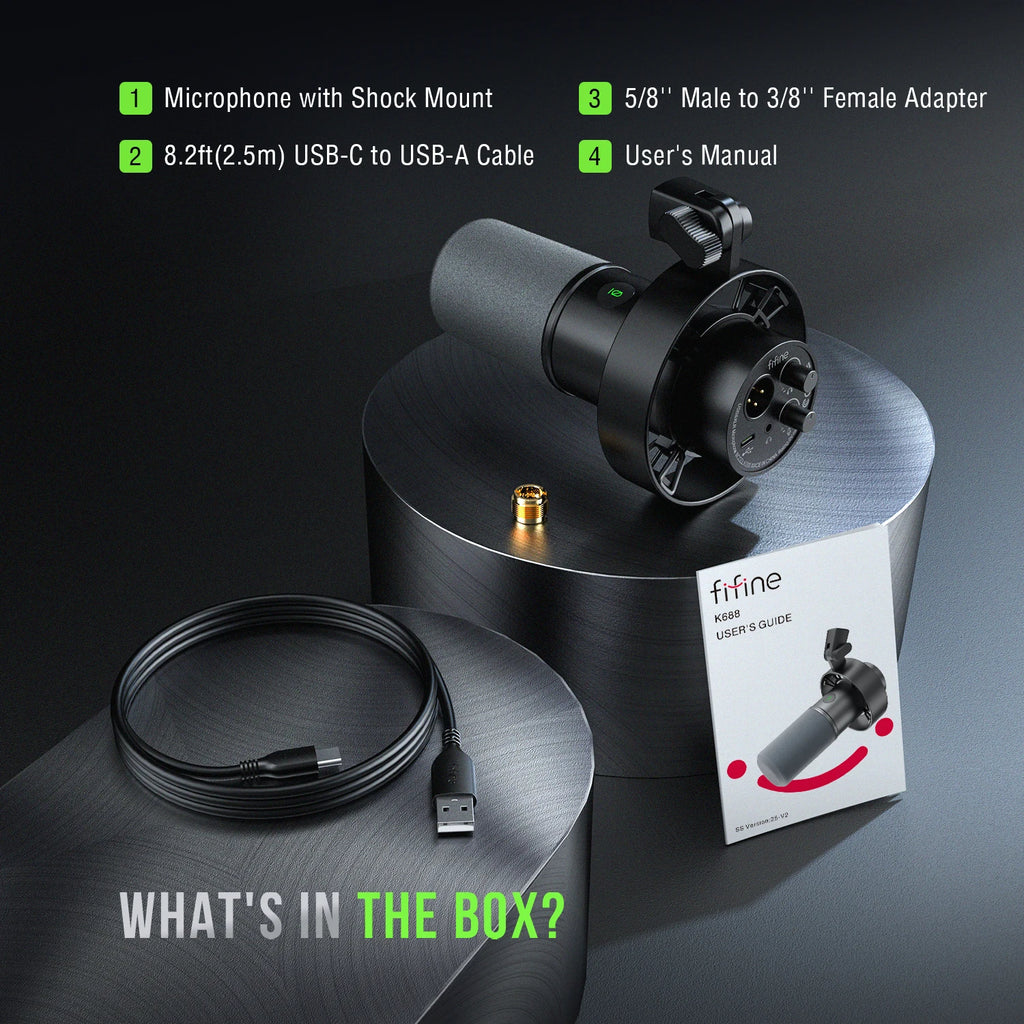 FIFINE Microphone dynamique USB/XLR avec support antichoc, fonction mute tactile, prise casque et contrôle du volume, pour PC ou carte son -K688
