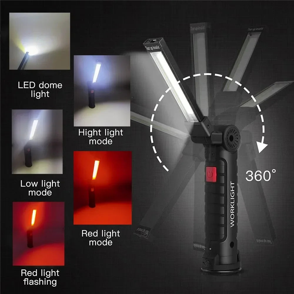 Bærbar COB-LED-lommelygte med USB-genopladning, arbejdslampe med magnet, hængelampe med indbygget batteri, campinglygte