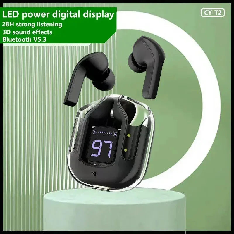 Original T2 Oreillettes Bluetooth sans fil transparentes HIFI Casque LED Affichage numérique de la puissance Son stéréo Oreillettes pour Xiaomi