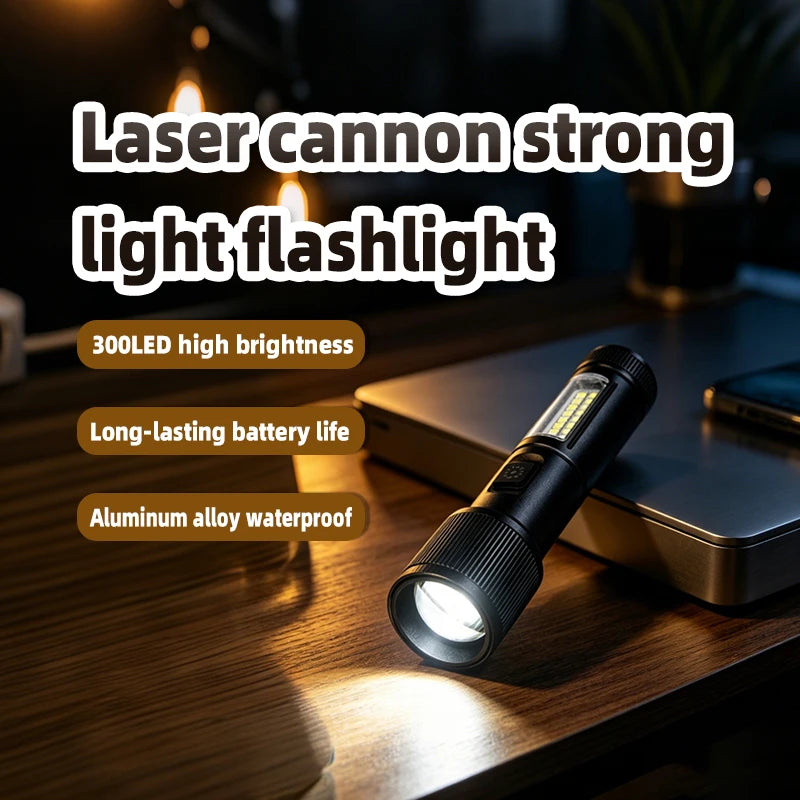 Sort LED-lommelygte (teleskopisk aluminiumlegering) med lang batteritid, uundværlig til camping og udforskning