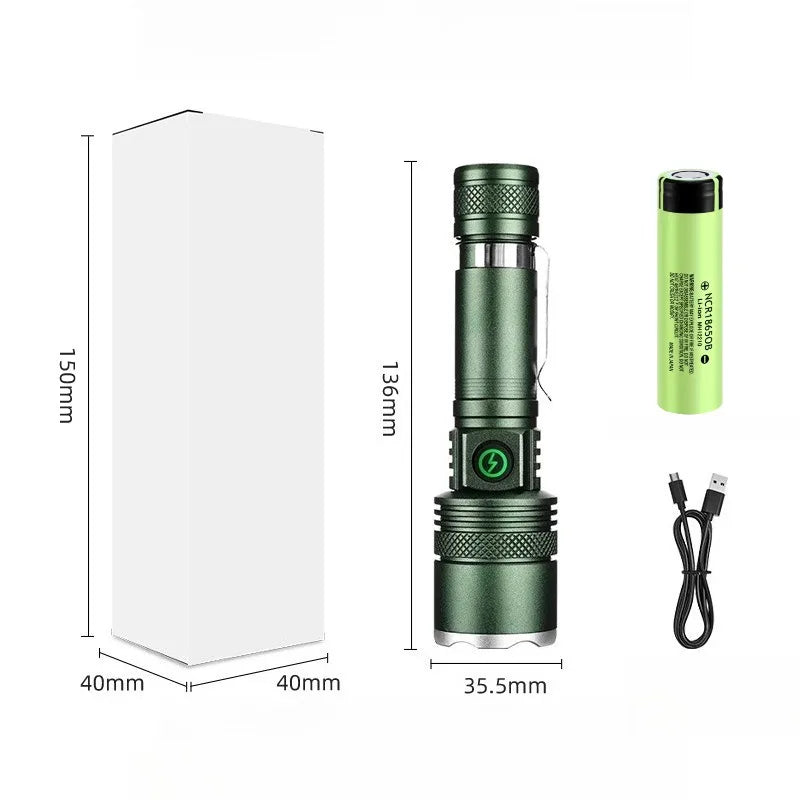 Genopladelig LED-lommelygte med zoom, vandtæt aluminiumshus, clips og magnet til vandring, camping og brug om natten