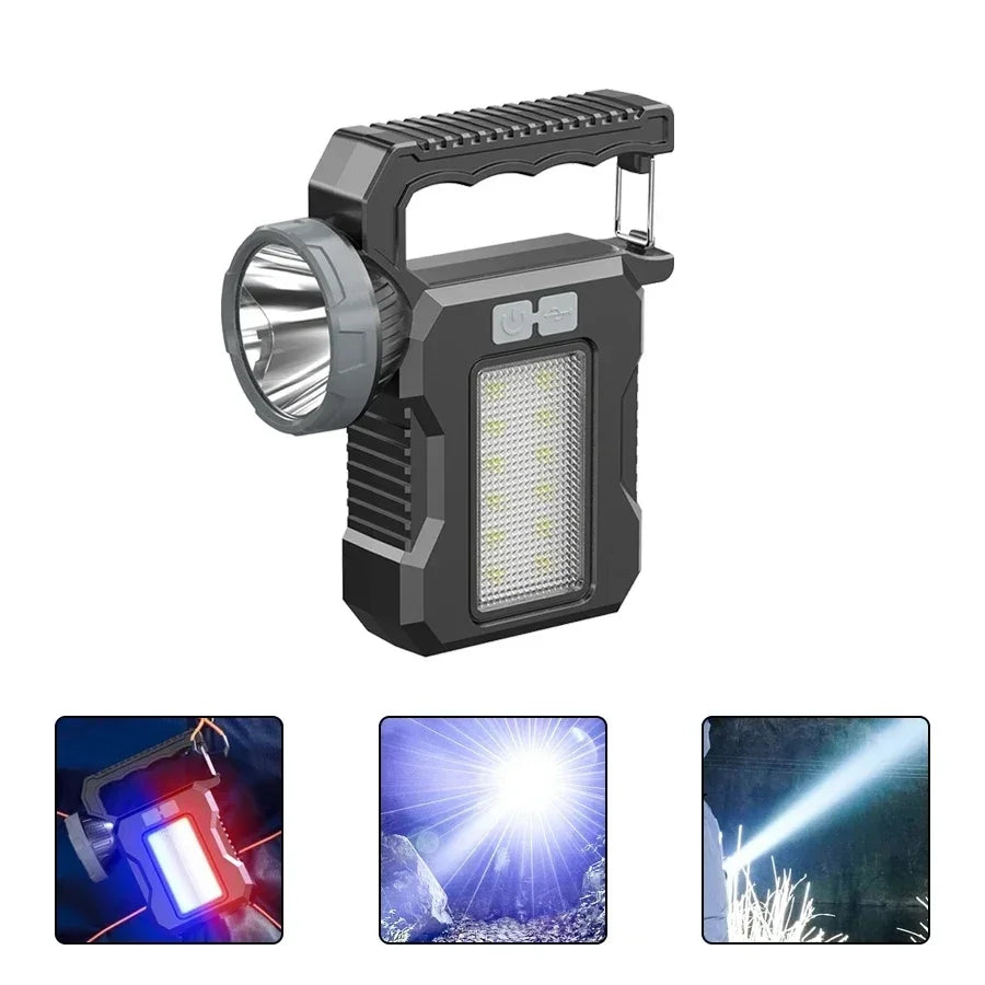 Transportabel, kraftig USB-genopladelig lommelygte med solcelle-LED, COB-arbejdslampe, 4 lysindstillinger, mobilopladning og campinglampe