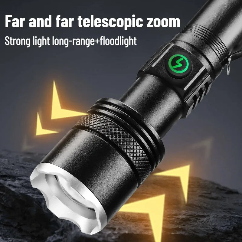 Genopladelig LED-lommelygte med zoom, vandtæt aluminiumshus, clips og magnet til vandring, camping og brug om natten