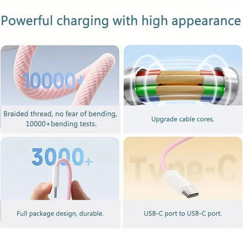 60W PD Nylon Braided USB-C to USB C Fast Charger Cable For iPhone 17 16 15 /Pro Max Compatibility Samsung Type C Fast Charging