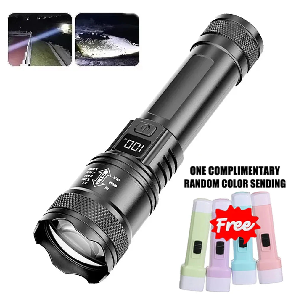 Linterna LED superbrillante recargable por USB, con zoom telescópico, para exteriores, emergencias, acampada y pesca, impermeable