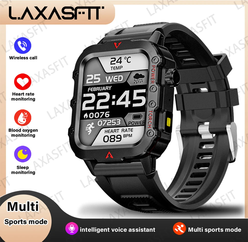 LAXASFIT neue Smartwatch für Herren mit LED-Taschenlampe, für Outdoor-Sport, Armbanduhr, Gesundheitsüberwachung