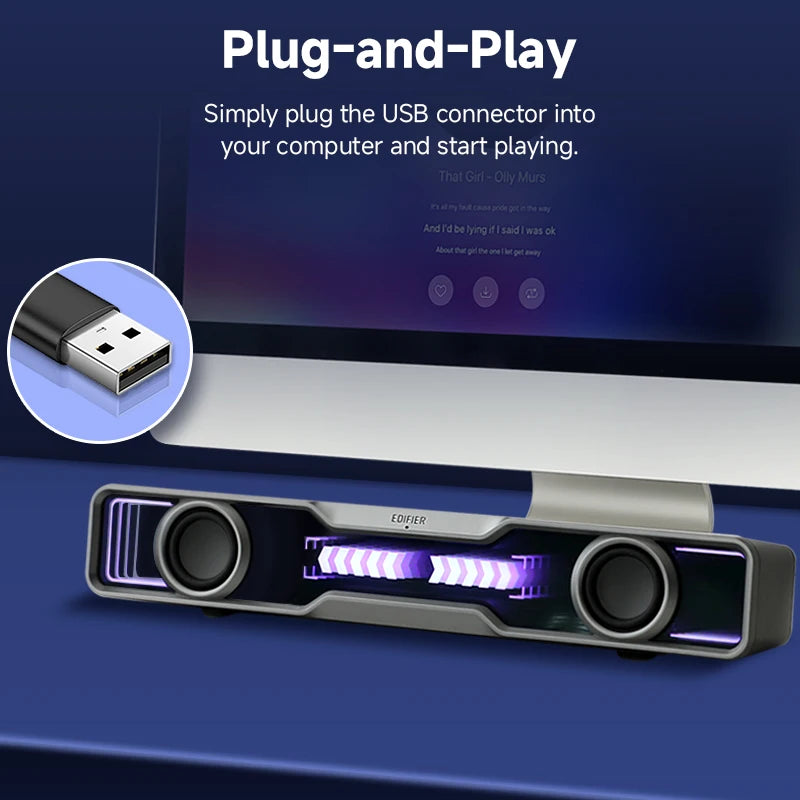 Edifier QS30 USB-A-kablet desktop-PC-soundbar med Bluetooth 5.4, integreret mikrofon og lyseffekter til PC og bærbar computer