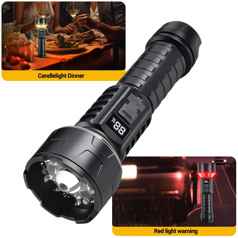 COB LED Flashlight Rechargeable Lantern 7-core Camping Torch Red Light Waming Lamp Can Install Tripod Outdoor Hiking Emergency