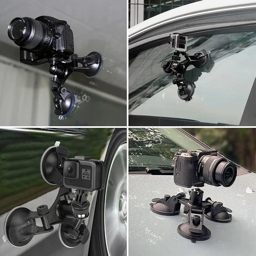 3-kops bilsugekopsholder med stærkt beslag til GoPro Hero 13 12 11 10 9 8, Insta360, SJCAM, AKASO og DJI Osmo Action-kameratilbehør