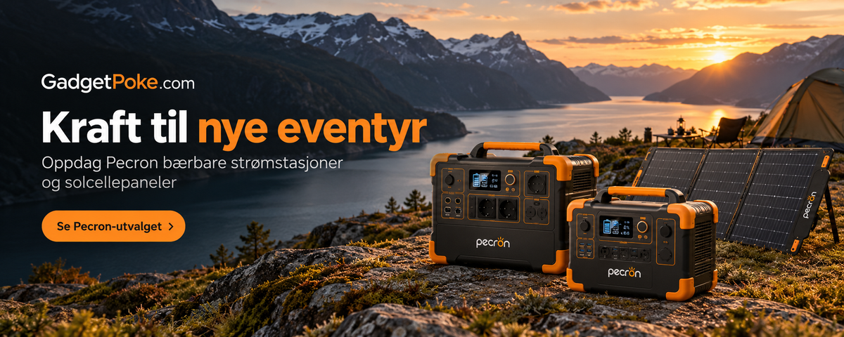 GadgetPoke – Kraft til nye eventyr. Pecron-inspirerte strømstasjoner og solcellepaneler ved en norsk fjord.