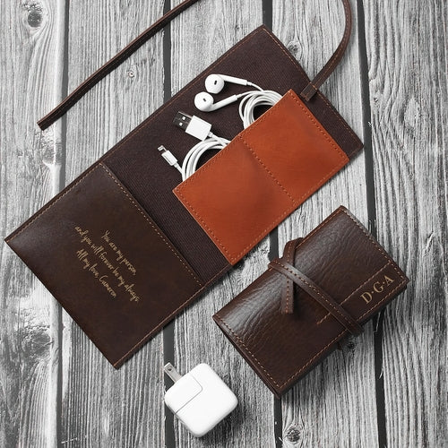 Personalized Tech Case Cable Charger Organizer with earbuds, USB cables, and customized leather design.