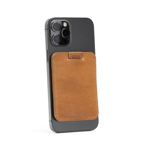 Leather Wallet compatible with MagSafe - 6 cards attached to an iPhone for convenient access to credit cards.