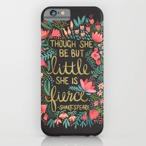 Little & Fierce on Charcoal Mobile Cover with floral design and Shakespeare quote, slim plastic case.