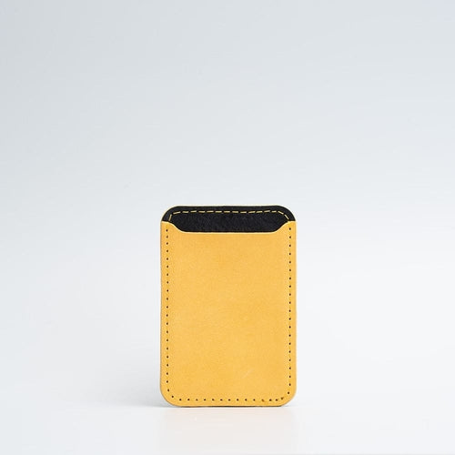 Leather Wallet compatible with MagSafe - Two colors, yellow leather wallet with black accents.