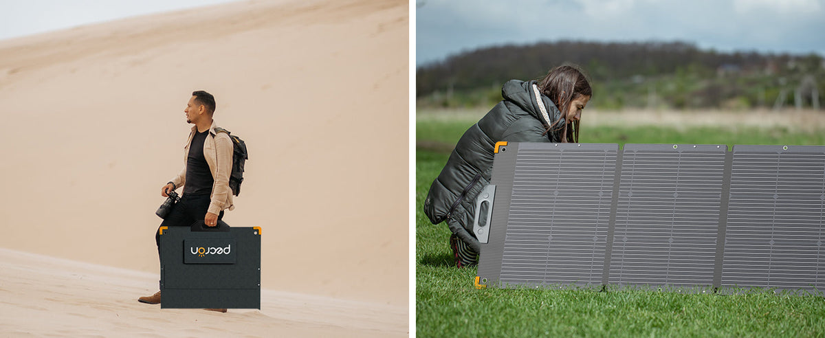 PecroPV200 – Kraftig, sammenleggbart solcellepanel på 200W i bruk utendørs.