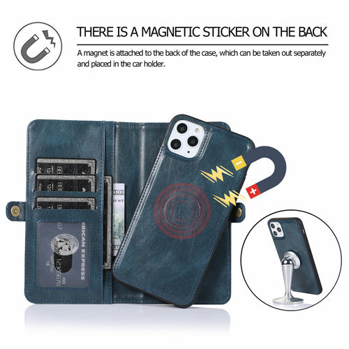 Magnetic Card Holder Wallet Case for iPhone showcasing detachable magnetic sticker for car holder and card storage.