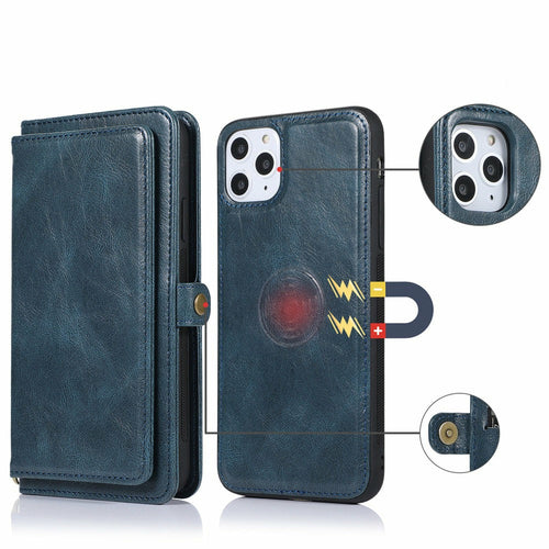 Magnetic Card Holder Wallet Case for iPhone in blue vegan leather with magnetic detachable design for iPhone 7 to 13 series.