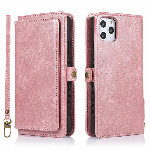Magnetic Card Holder Wallet Case for iPhone in rosegold vegan leather with detachable design, suitable for iPhone 7 to 13 series.