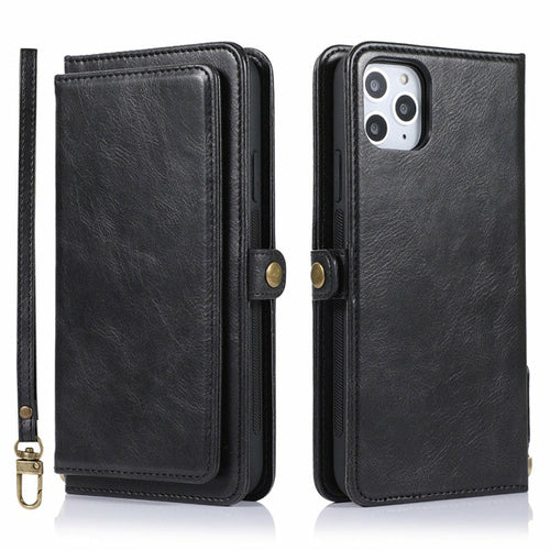 Magnetic Card Holder Wallet Case for iPhone shown in black vegan leather with detachable design.
