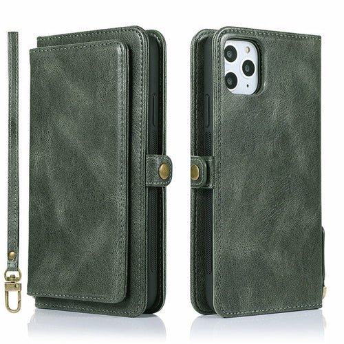 Magnetic Card Holder Wallet Case for iPhone in green vegan leather with detachable design for iPhone 11 Pro Max.
