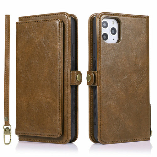 Magnetic Card Holder Wallet Case for iPhone shown in brown vegan leather with detachable design.