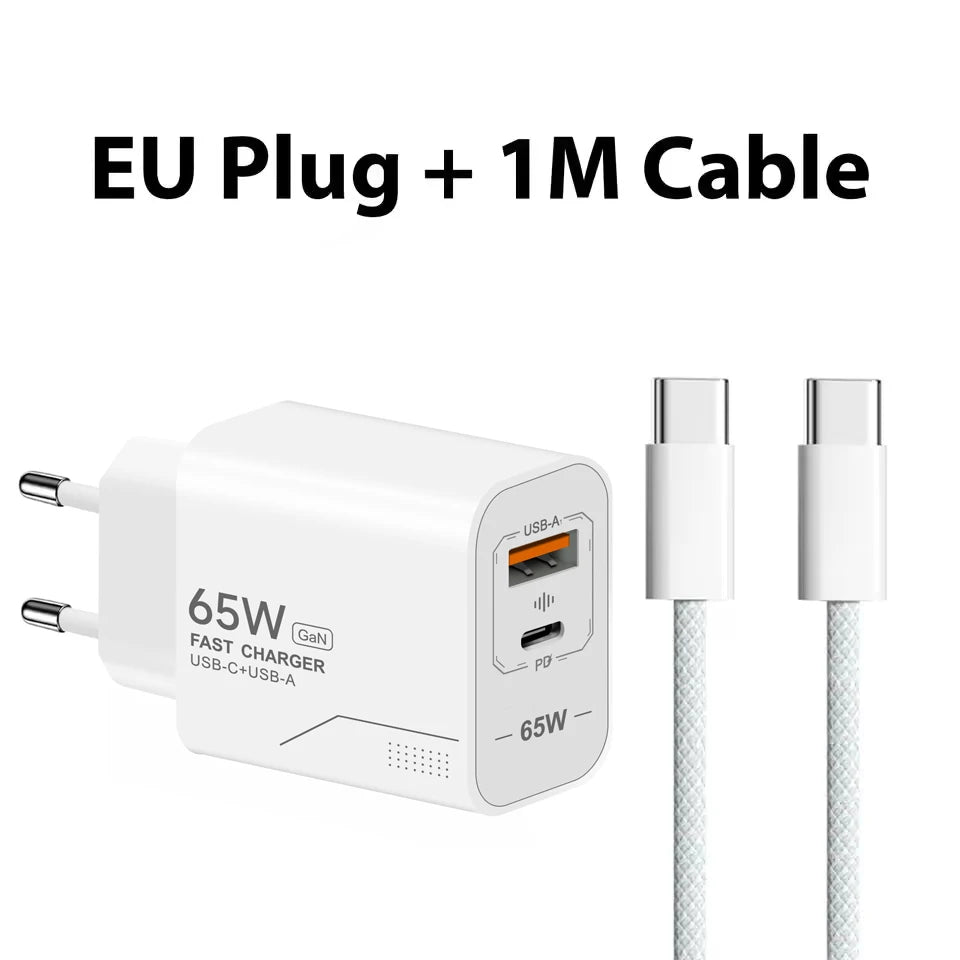 65W GaN USB C Charger 2-Port Fast Charging Phone Charger Power Adapter For iPhone Samsung Xiaomi Type C EU/US Plug Wall Charger